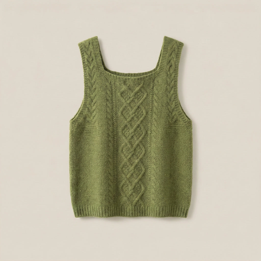 Green knitted tank top with cable pattern on a beige background