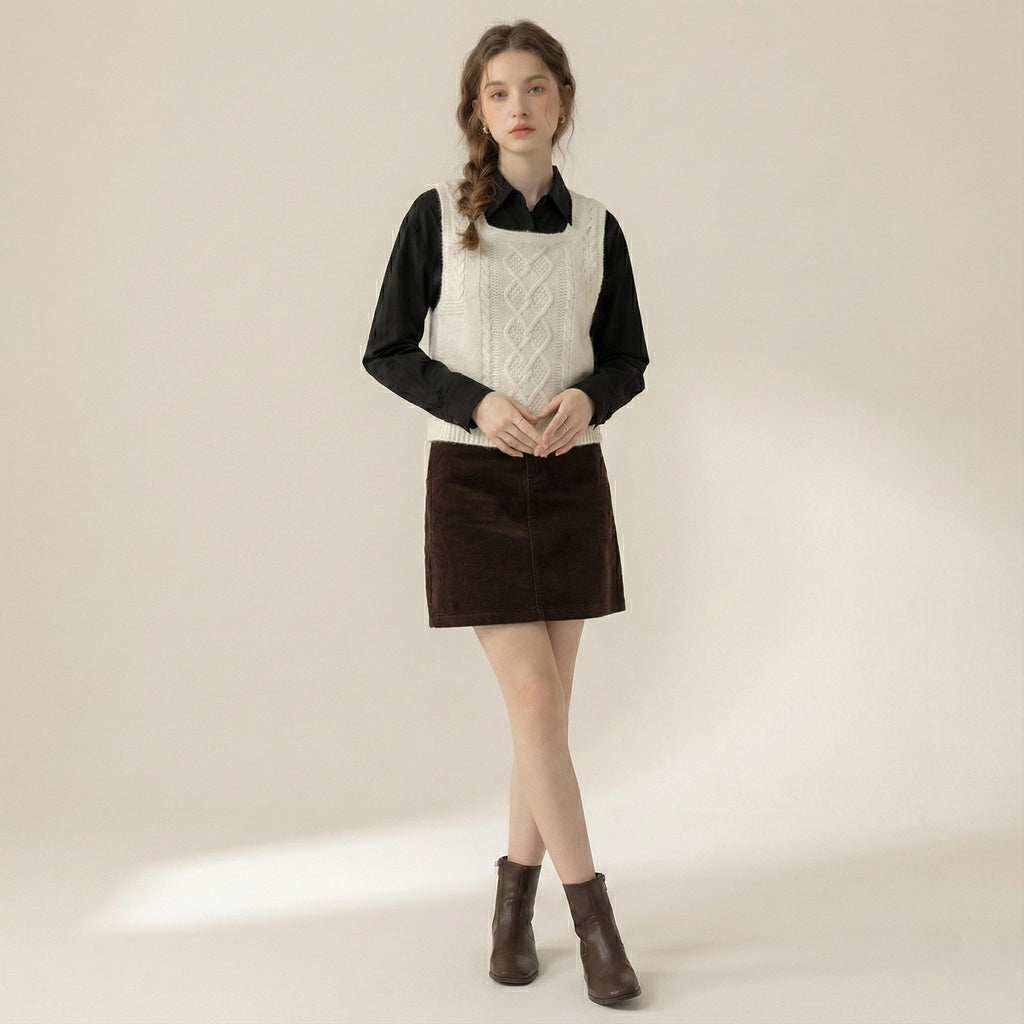 Woman wearing a black top, white sweater vest, brown skirt, and brown boots on a beige background