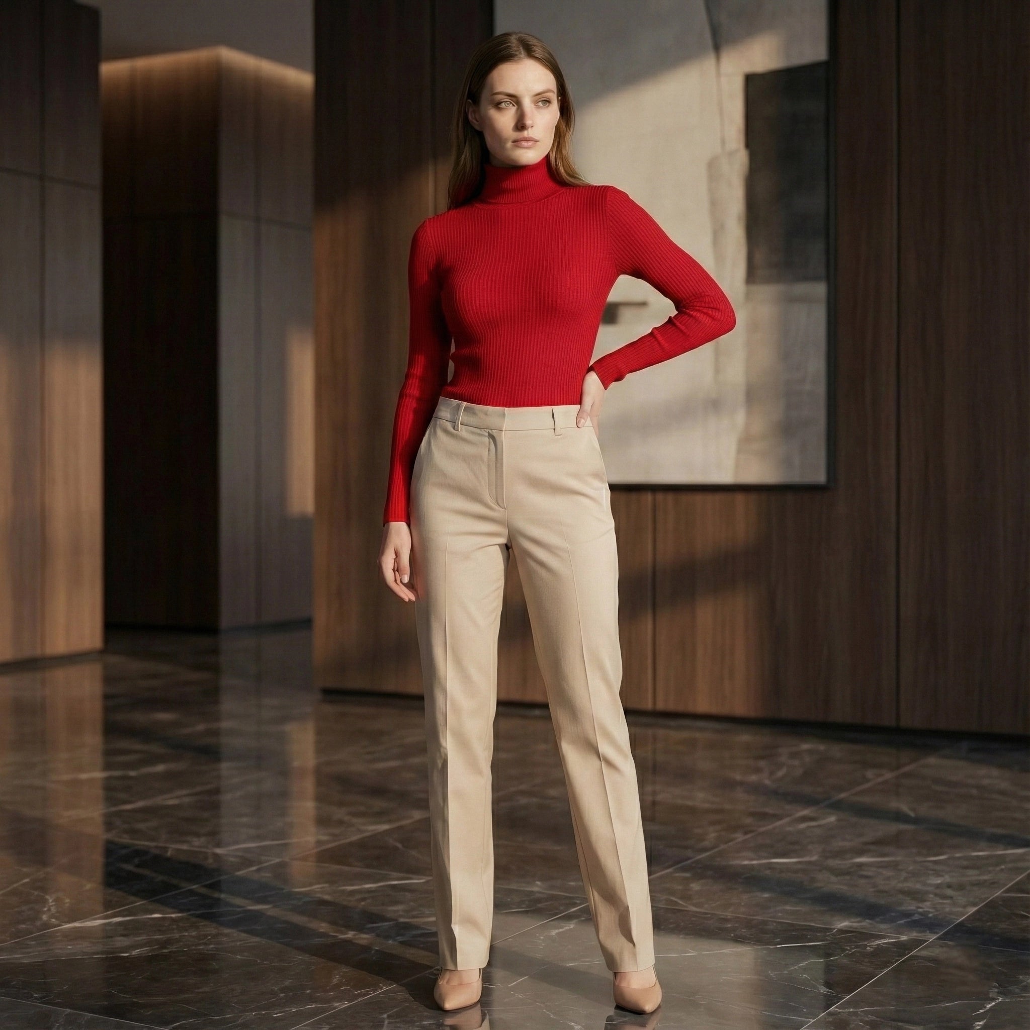 Woman wearing a red sweater and beige pants in an indoor setting