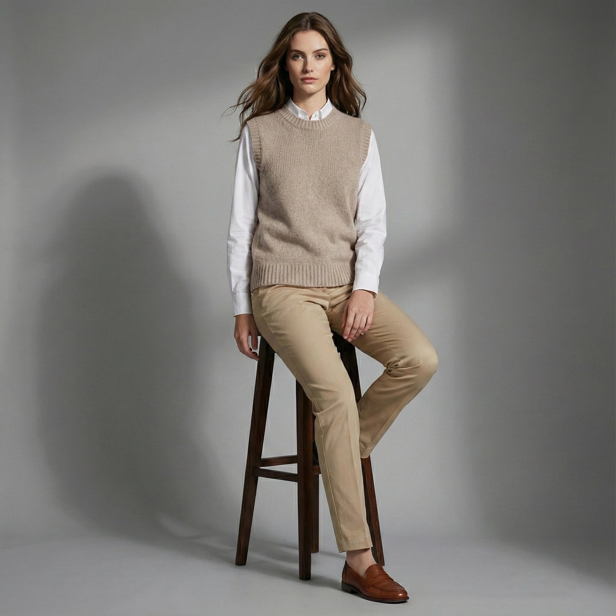 Woman sitting on a stool wearing a beige sweater vest, white shirt, tan pants, and brown shoes against a gray background.
