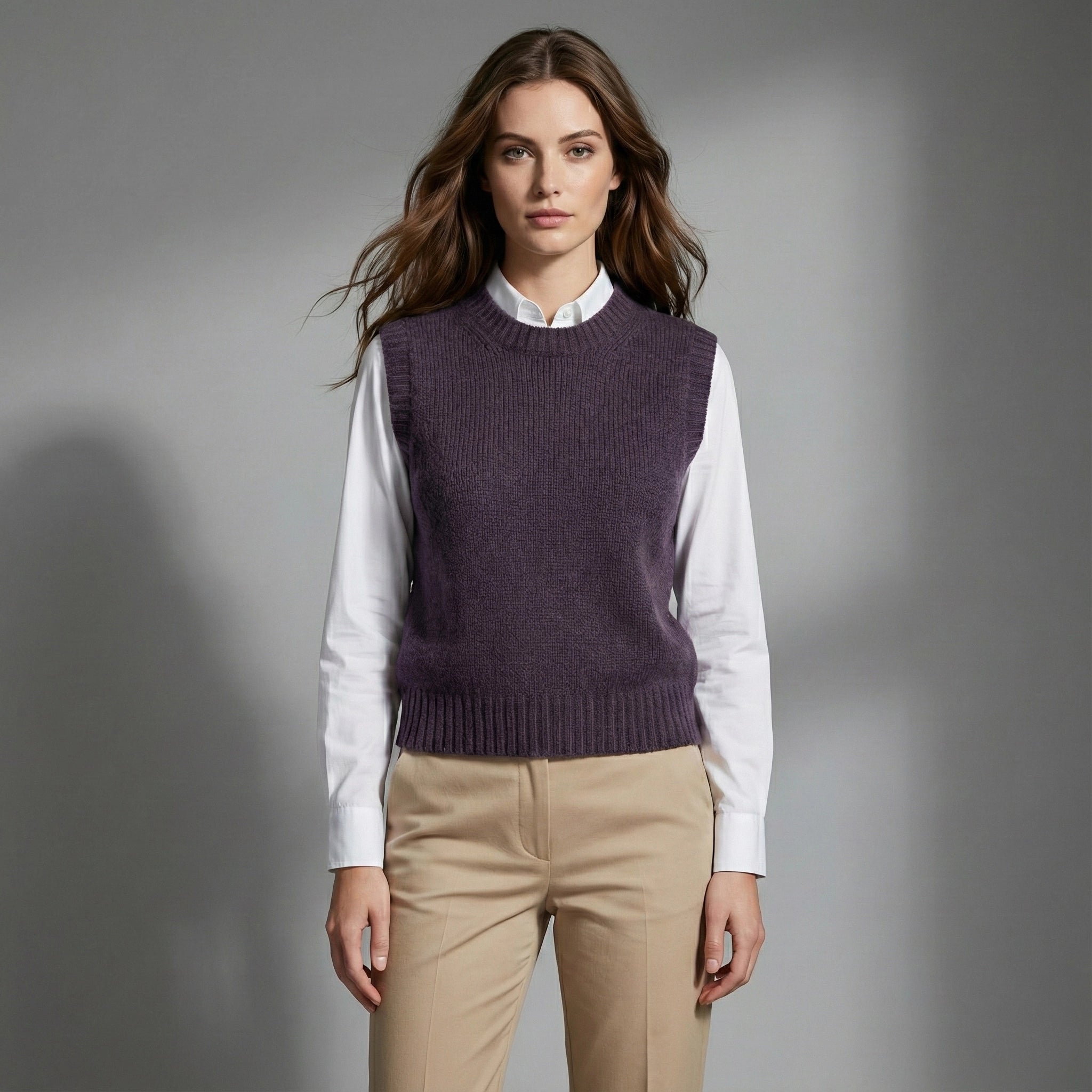Woman wearing a purple sweater vest over a white shirt and beige pants on a gray background