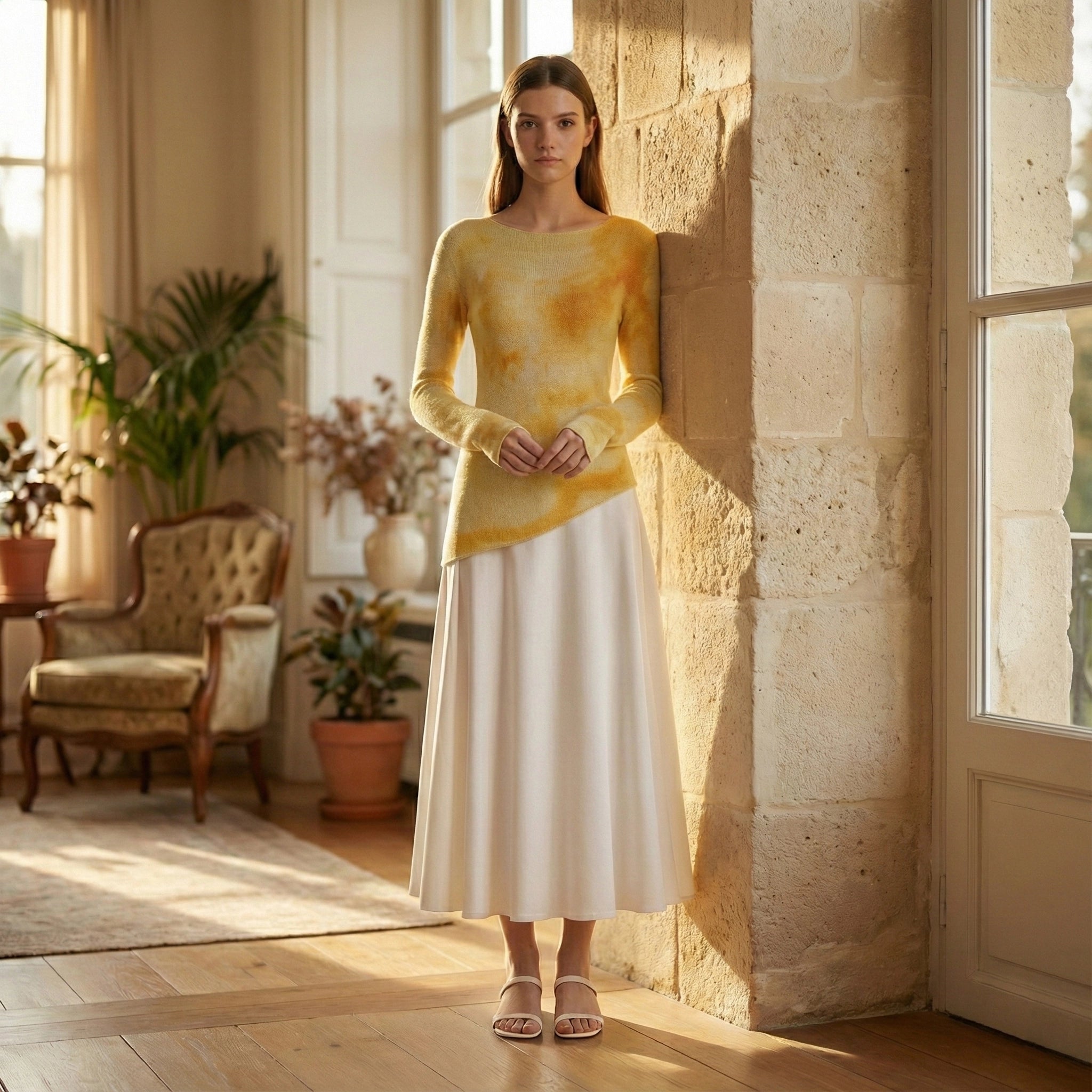 Woman in a yellow top and white skirt standing in a sunlit room with stone walls and wooden floors.