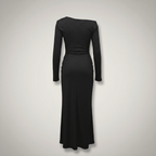 Black long-sleeve dress on a light gray background