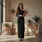 Woman in a black one-shoulder dress holding a cup in a modern cafe.