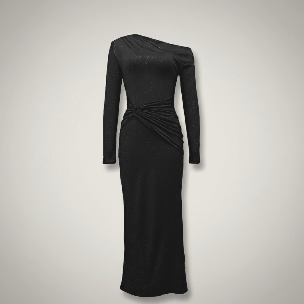 Black one-shoulder dress on a light gray background