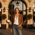 Woman in a brown jacket and blue jeans standing in front of an elegant building entrance.