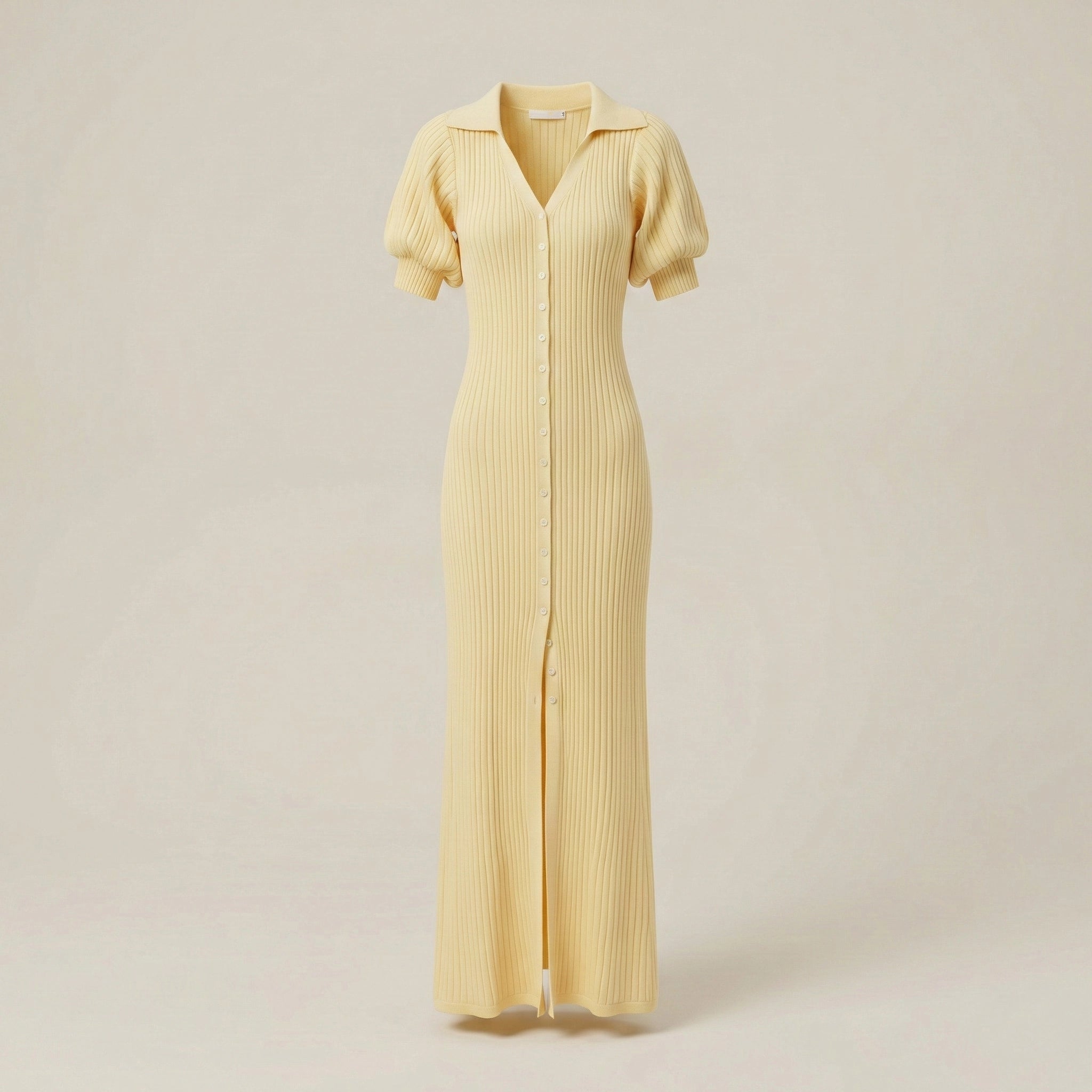 Yellow dress with short sleeves on a beige background