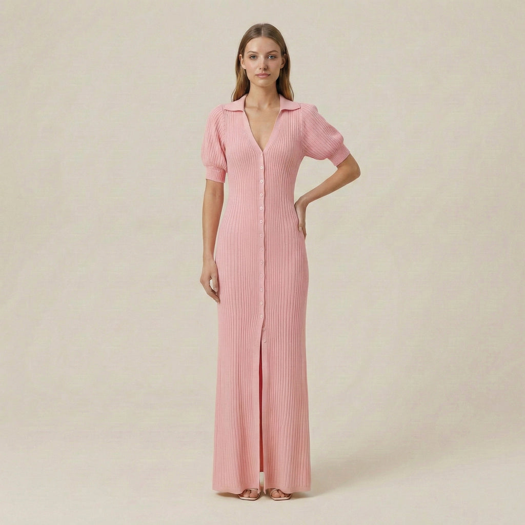 Woman wearing a pink dress with short sleeves on a beige background