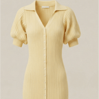 Yellow ribbed dress with puff sleeves on a beige background