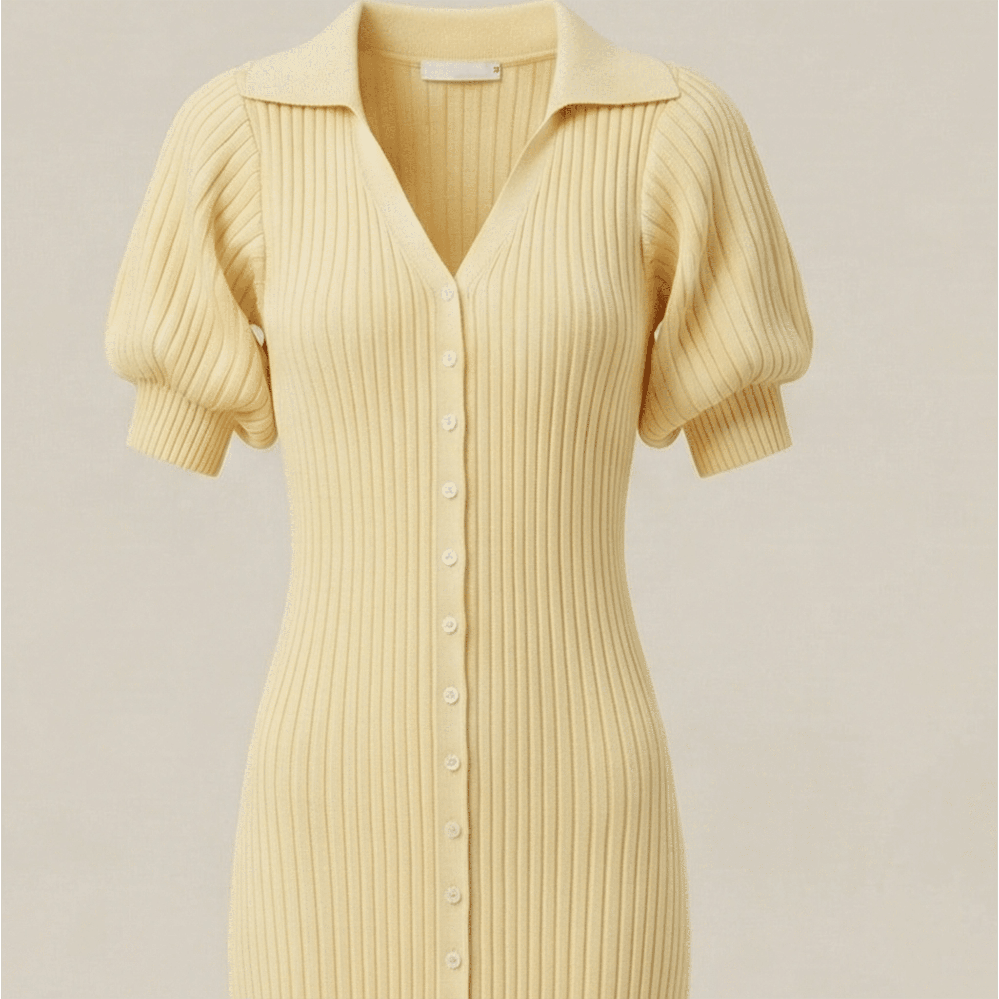 Yellow ribbed dress with puff sleeves on a beige background