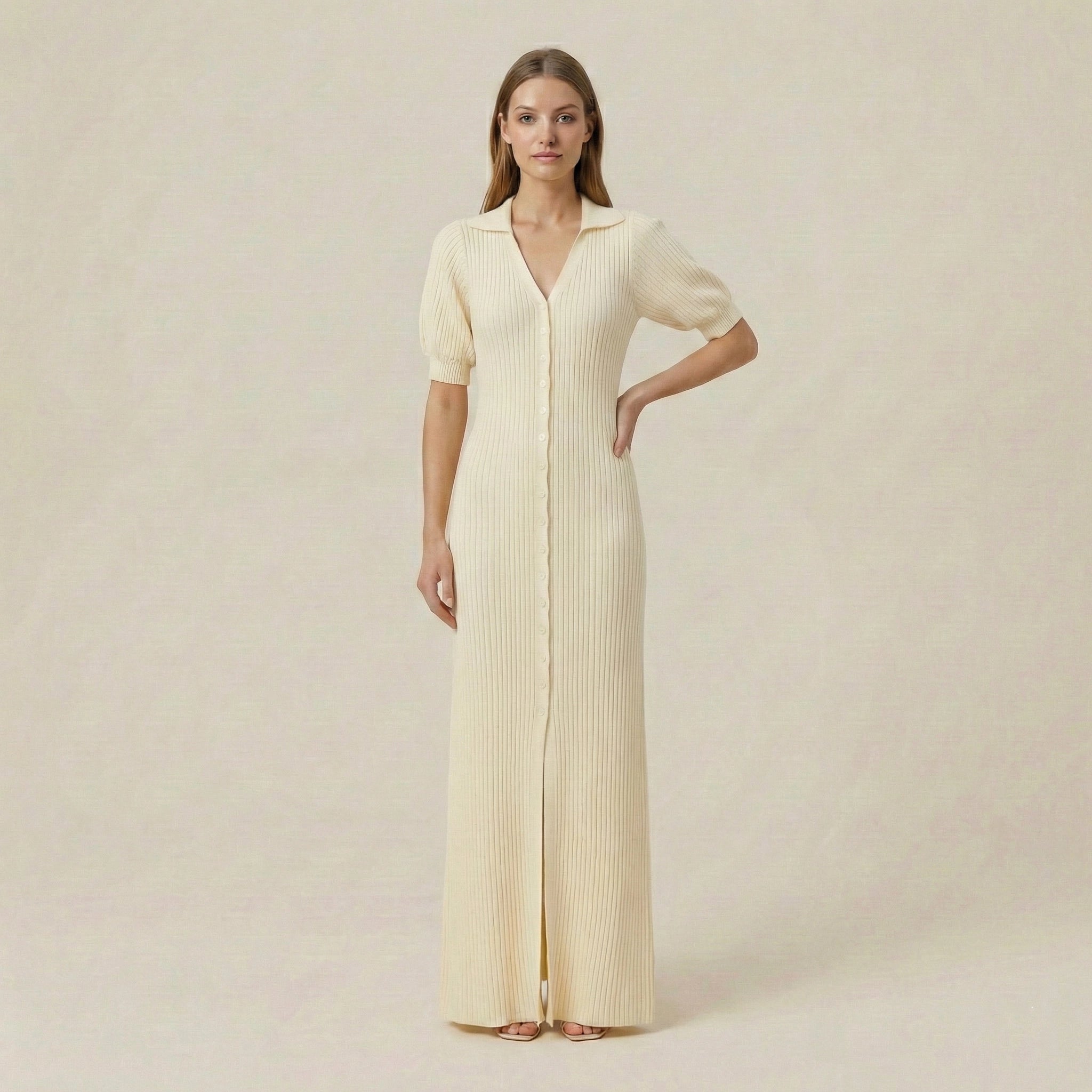 Woman wearing a long, light-colored dress against a plain background