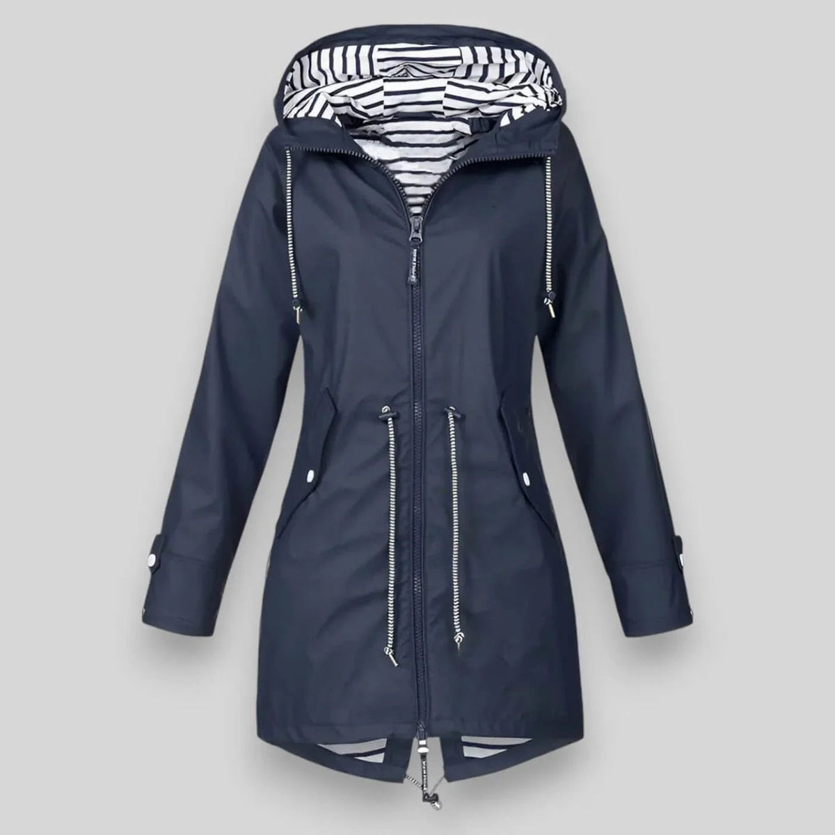 A navy blue hooded raincoat with silver zippers and white-and-black striped lining inside the hood, shown against a solid gray background.
